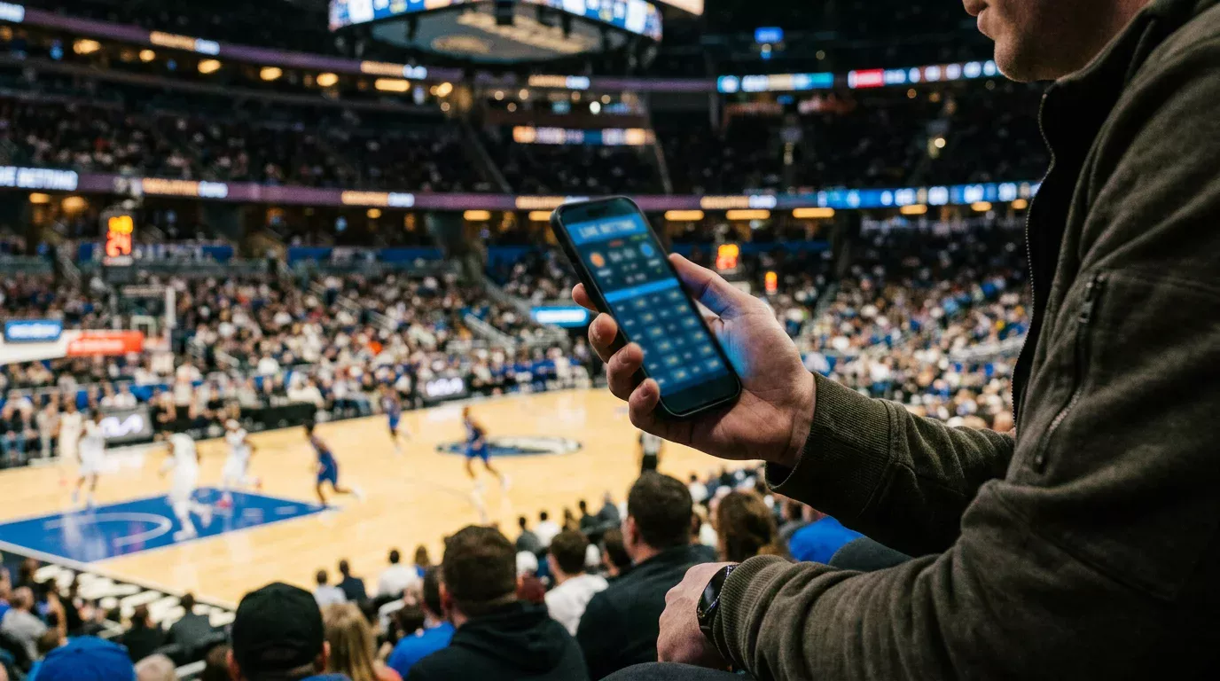 Apuestas en vivo de baloncesto desde un dispositivo móvil en la arena